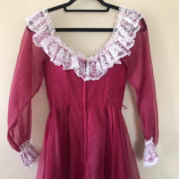 Vintage 70s Victorian Red White Lace Maxi Dress - Picture 9 of 11